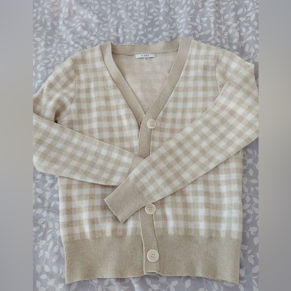 Pinkish beige and white gingham cardigan